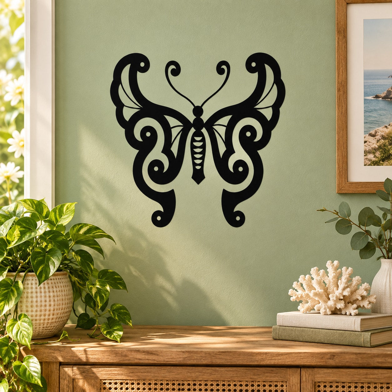 Black butterfly vinyl wall decal with ornate wings and swirly details