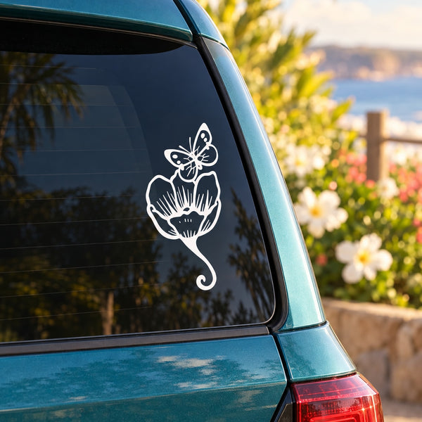 Butterfly vinyl decal sticker, white butterfly and seahorse design on car window