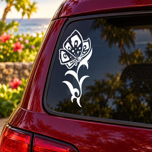 Butterfly vinyl decal sticker in white on a car window, butterfly and floral outlines