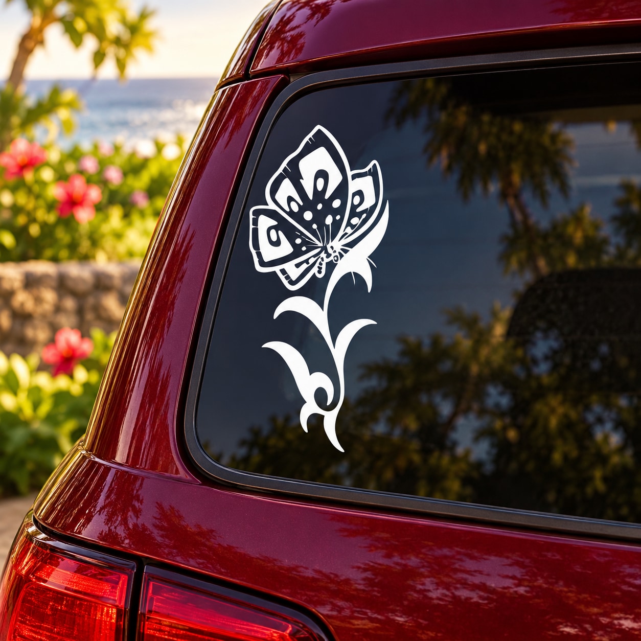 Butterfly vinyl decal sticker in white on a car window, butterfly and floral outlines