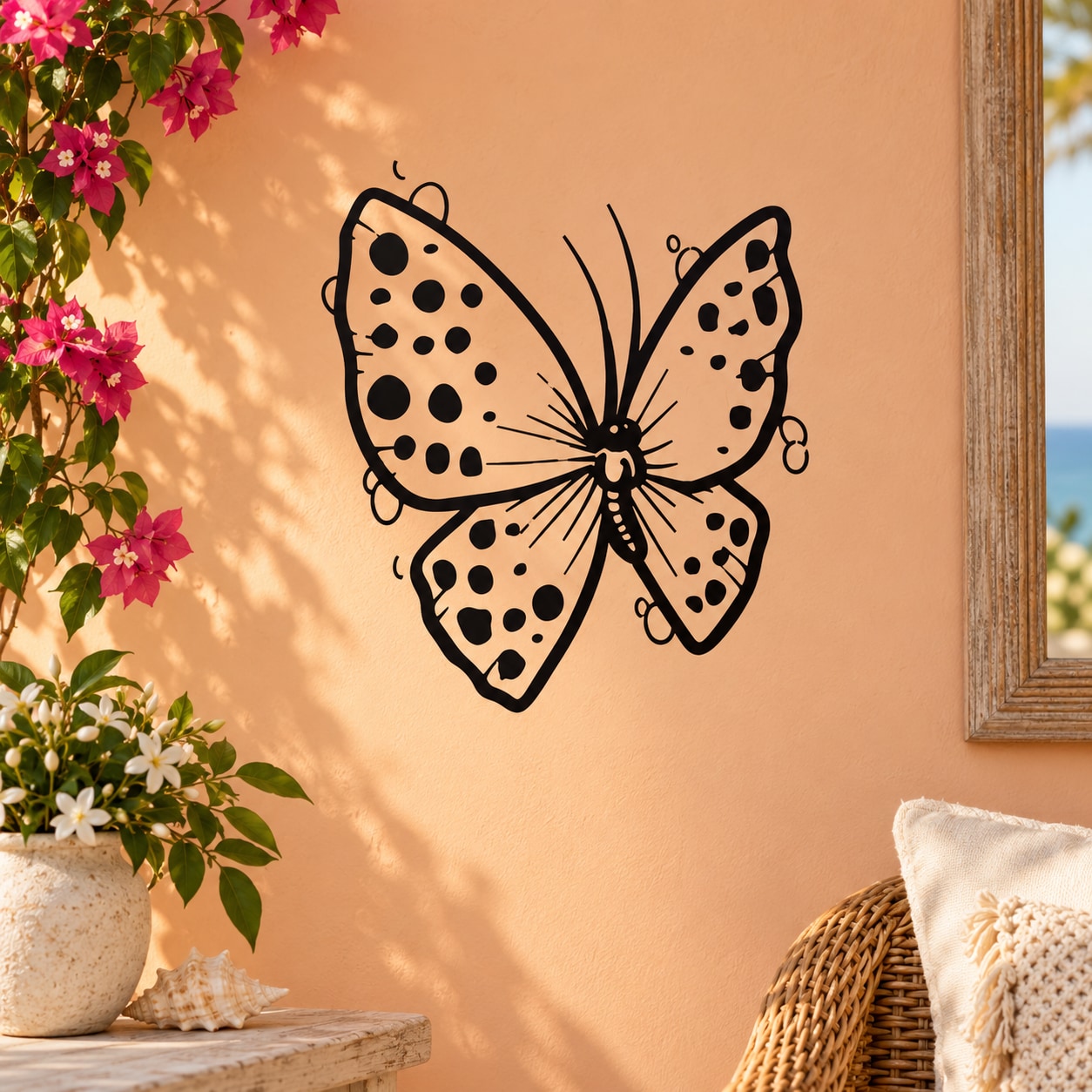 Butterfly vinyl wall decal with black dotted wings and curled antennae