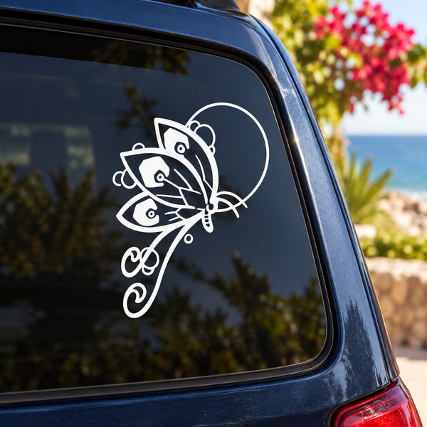 White butterfly vinyl car window decal with floral swirls and central ring