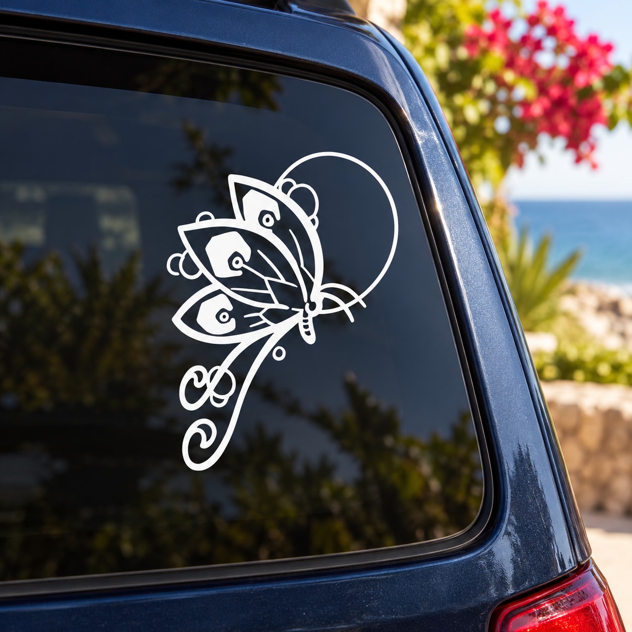 White butterfly vinyl car window decal with floral swirls and central ring