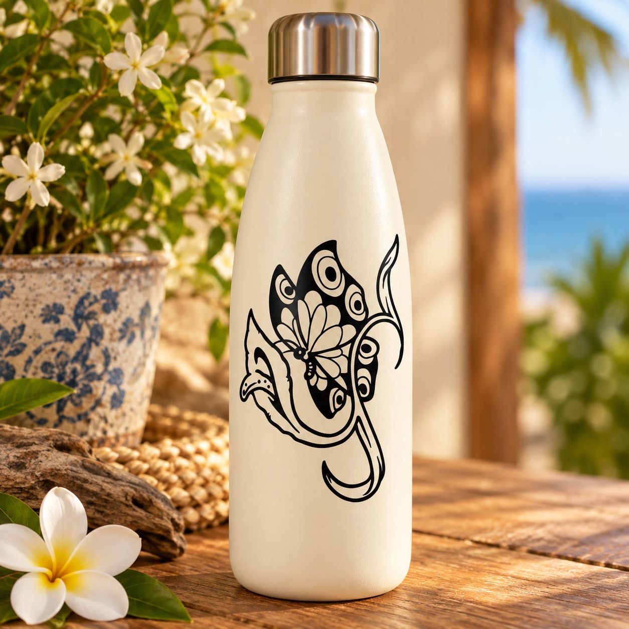 Butterfly vinyl decal with black butterfly line-art on white bottle