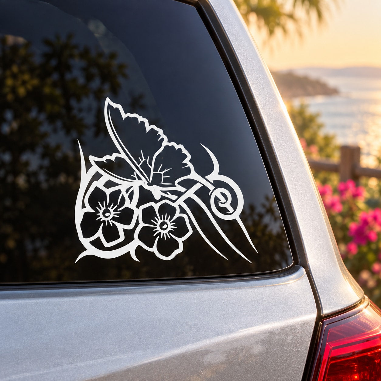 White butterfly floral vinyl decal on car window panel