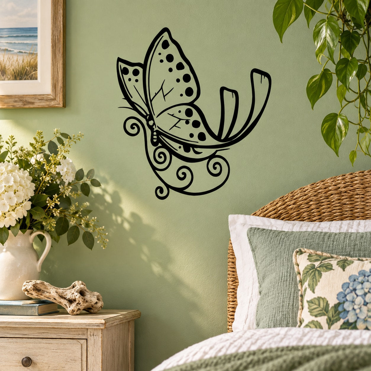 Vinyl butterfly wall decal with black outline and light speckled wings