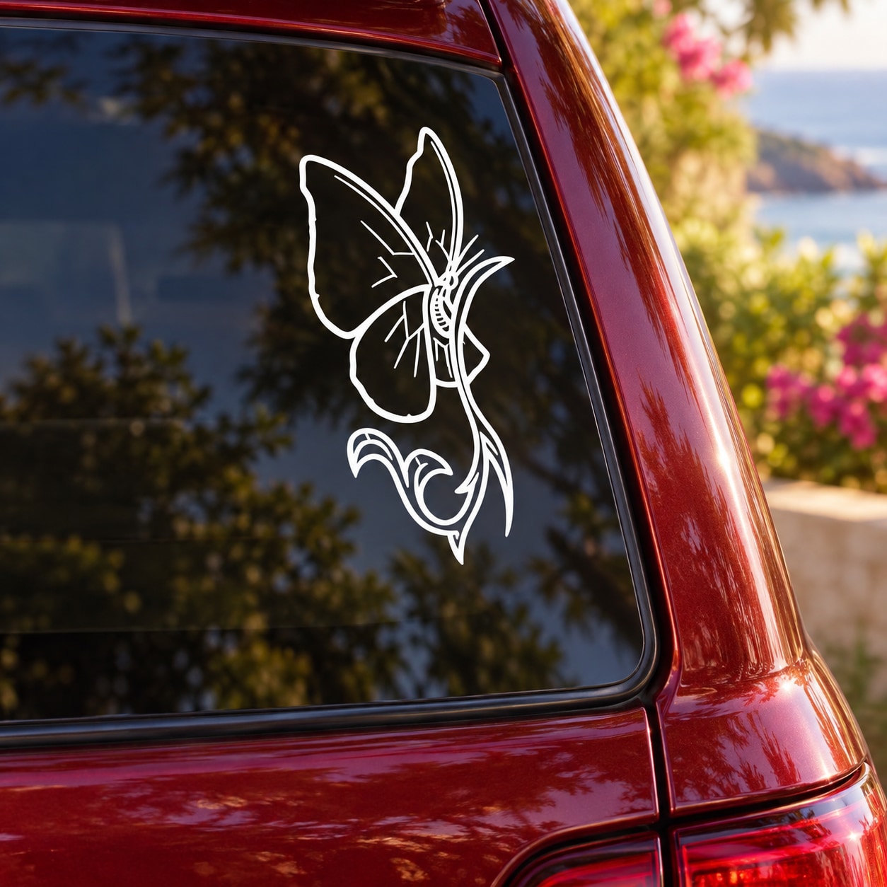 Butterfly vinyl decal, white outline on car window