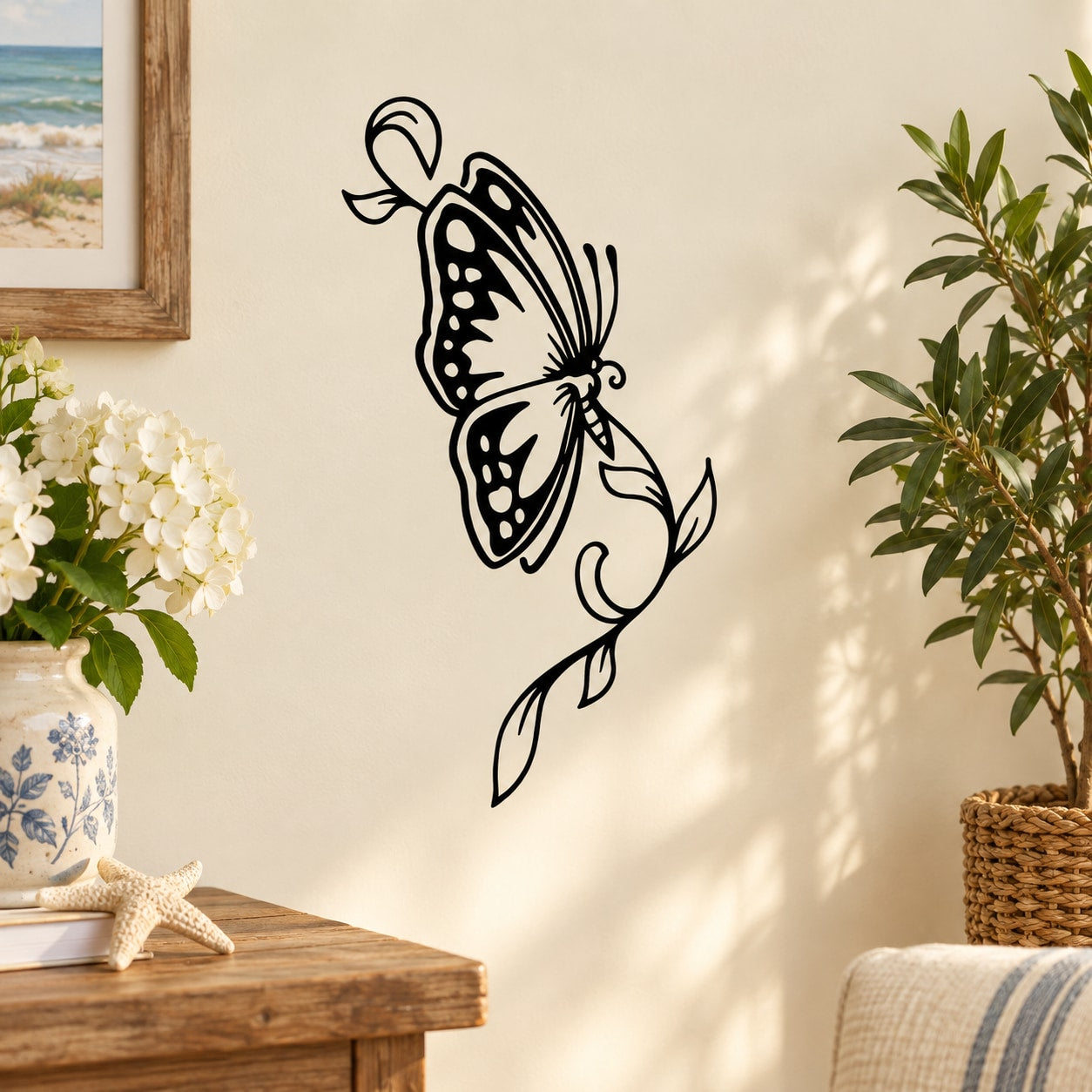 Butterfly wall decal, black vinyl butterfly with curled antenna and decorative wing dots