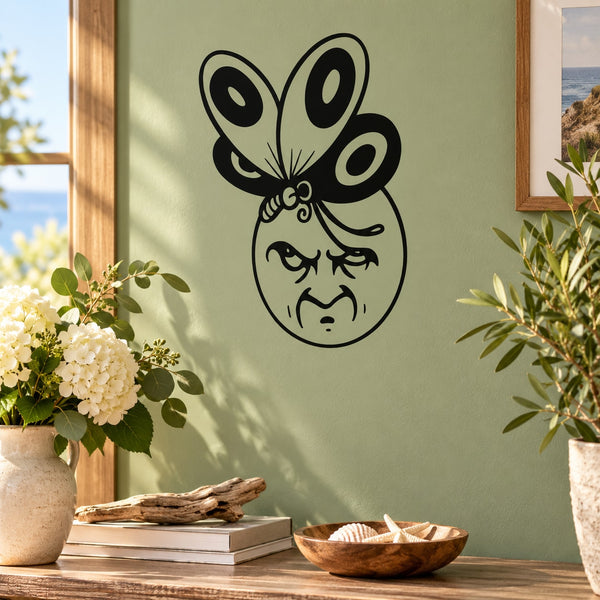 Black butterfly wall decal with curled wings and detailed face, vinyl sticker