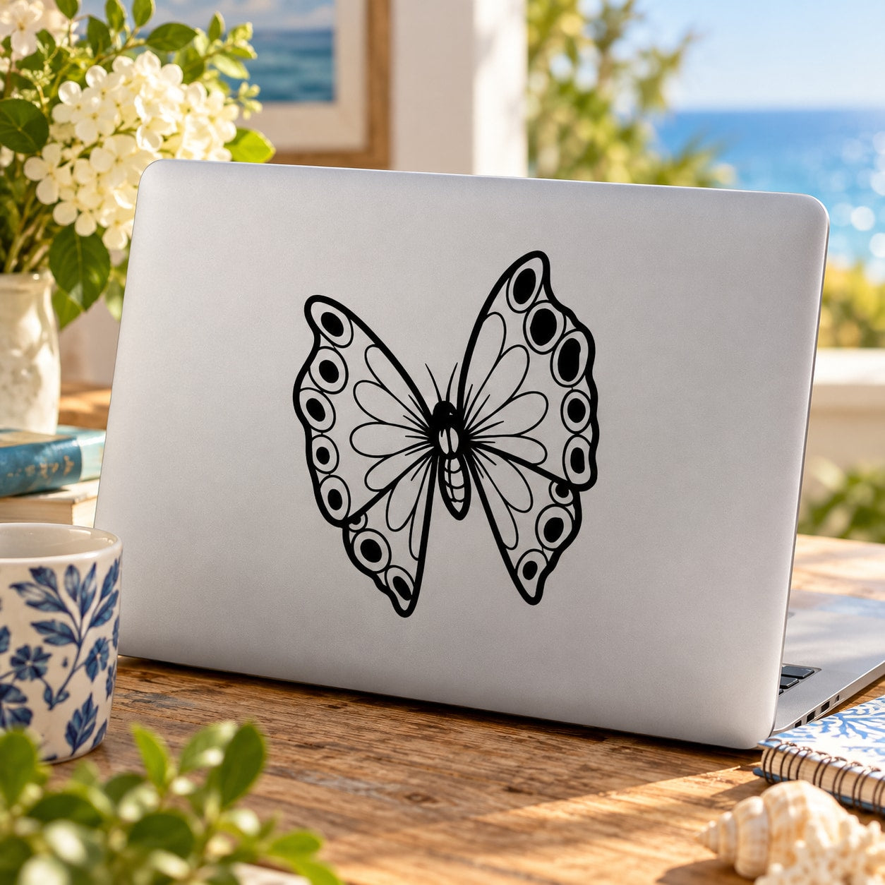 Butterfly vinyl decal with black outline and dotted wings on light surface