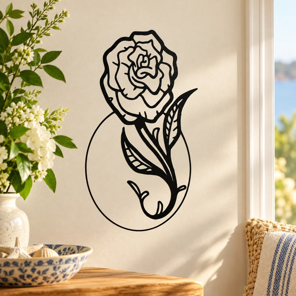 Black vinyl wall decal of an outline rose with butterfly detail