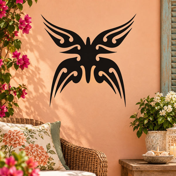 Black butterfly vinyl wall decal with tribal wing design, CF332