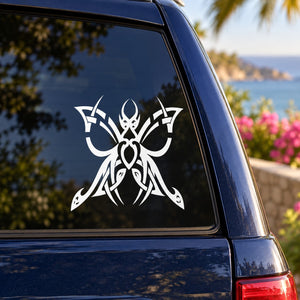Butterfly vinyl decal with ornate wings on car window glass, white design
