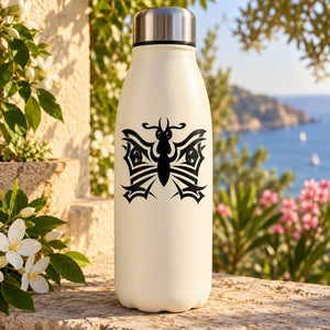 Butterfly vinyl decal with black wings on a cream bottle