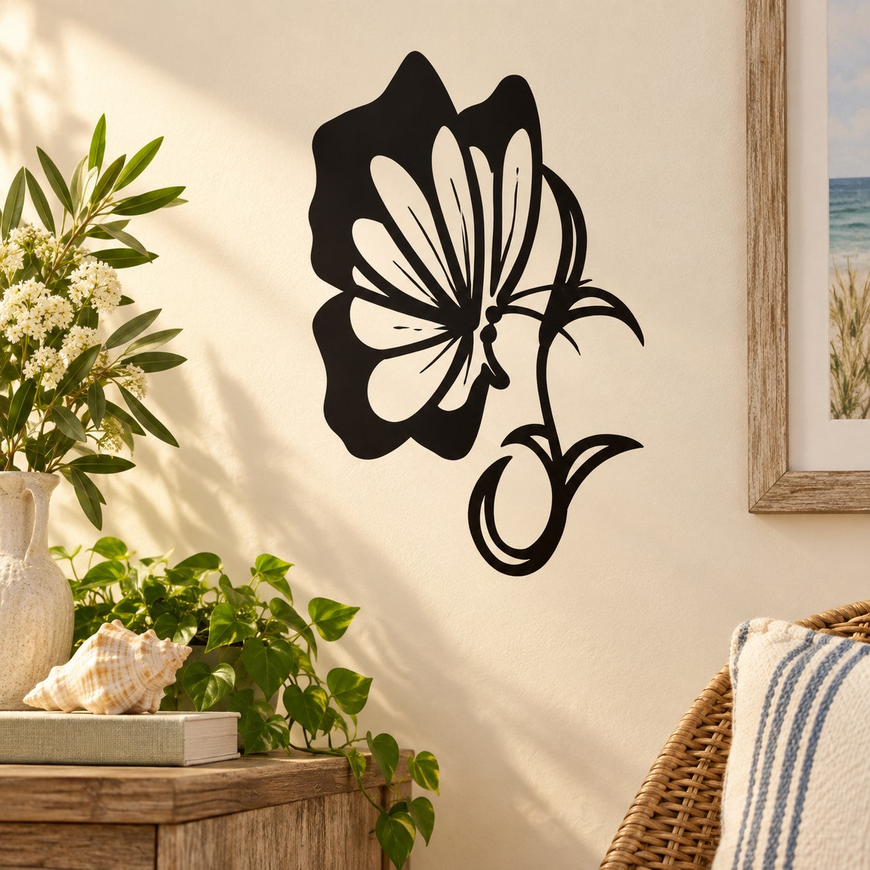 Black butterfly vinyl wall decal with detailed wings and curled antennae