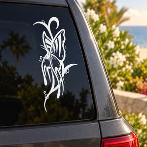 Vinyl butterfly decal with white outline graphic on car window