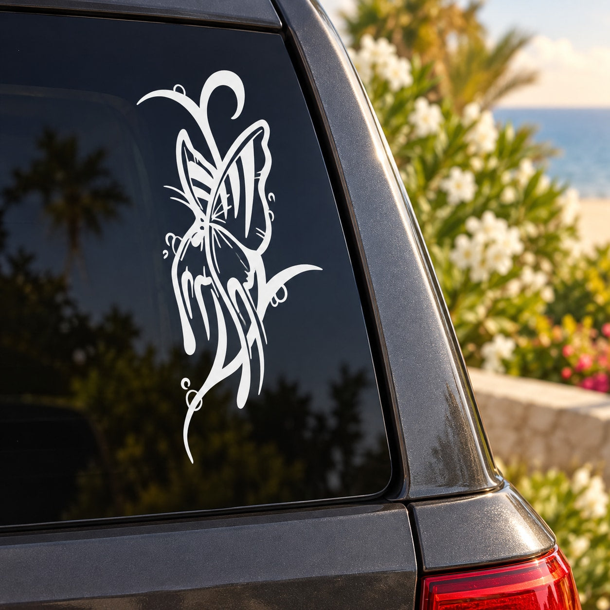 Vinyl butterfly decal with white outline graphic on car window