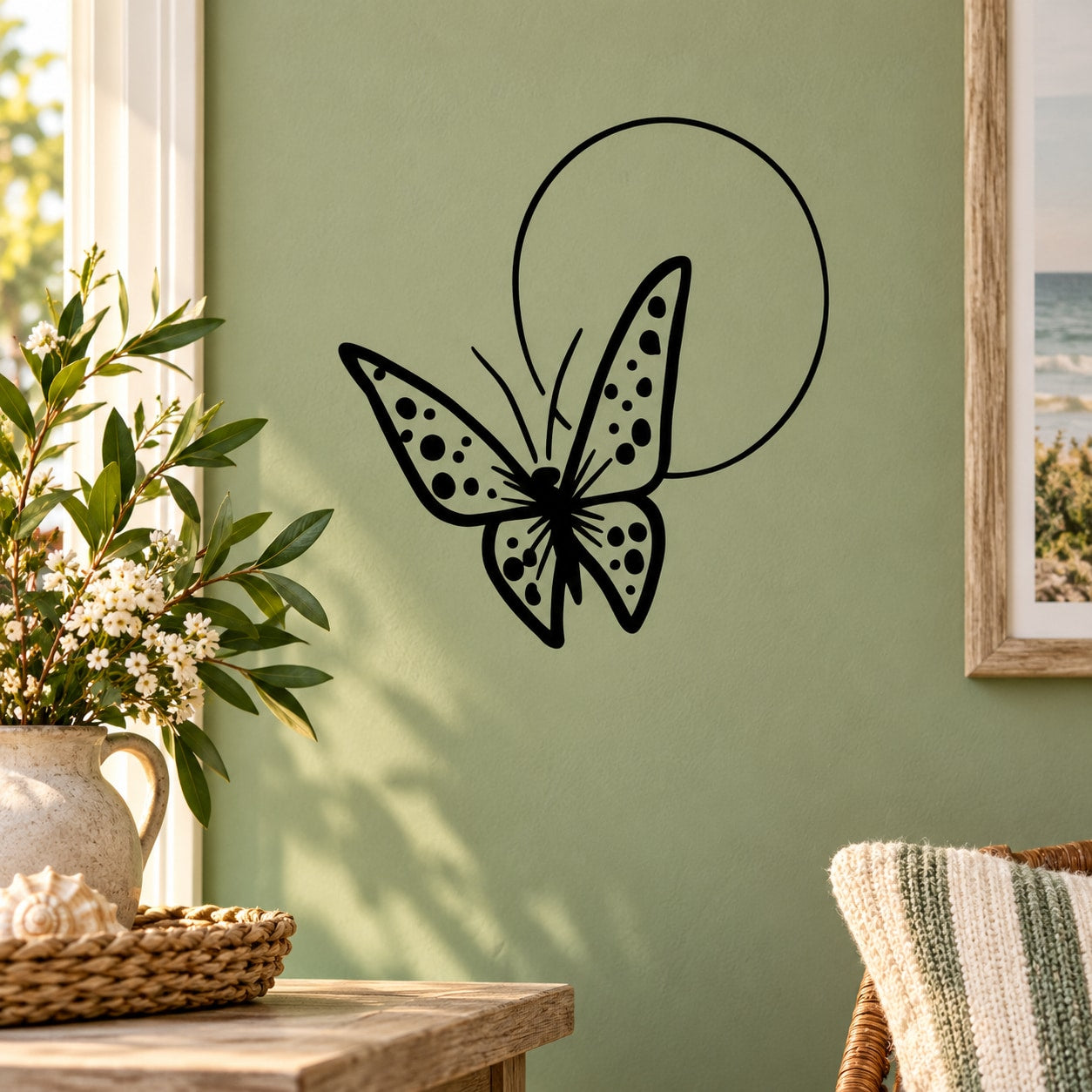 Butterfly vinyl wall decal, black outlined wings with dots and circular halo