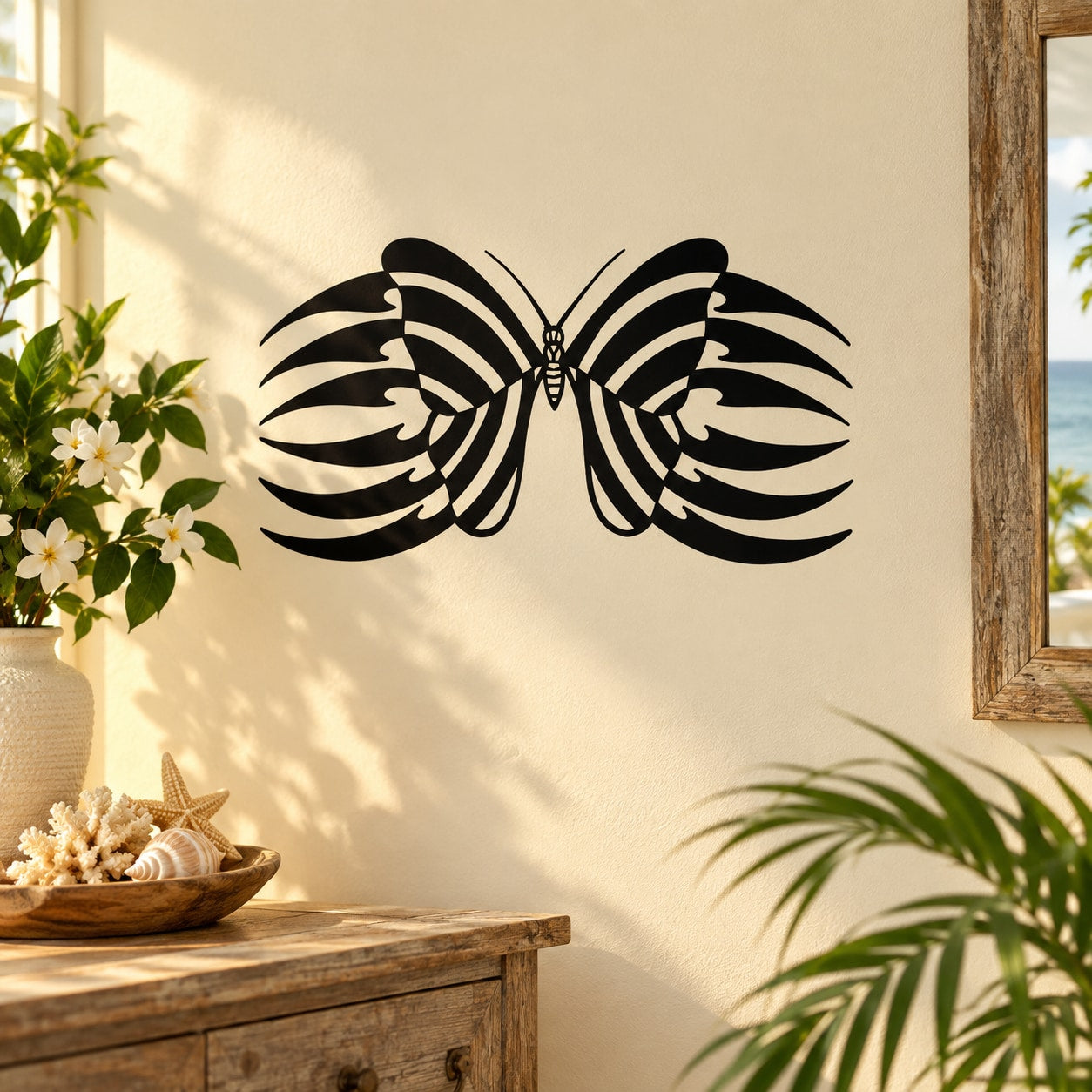 Black butterfly vinyl wall decal with mirrored wing pattern for flat surfaces