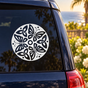 Butterfly vinyl car decal: round white circle with black butterfly silhouettes
