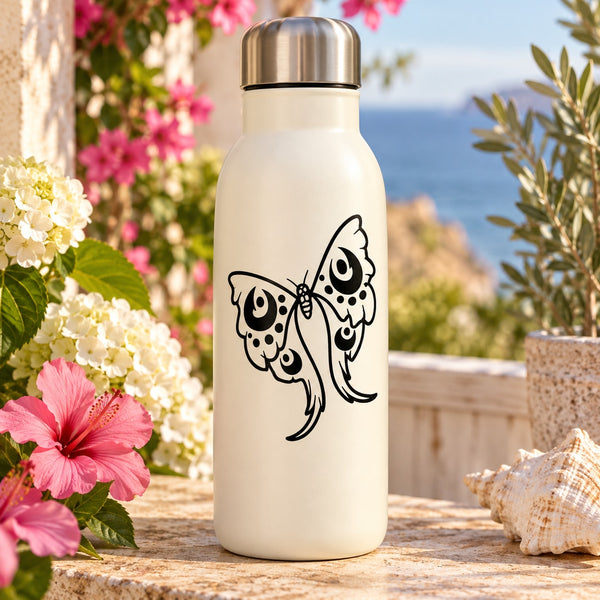 Butterfly vinyl decal sticker with black line-art wings on a light bottle