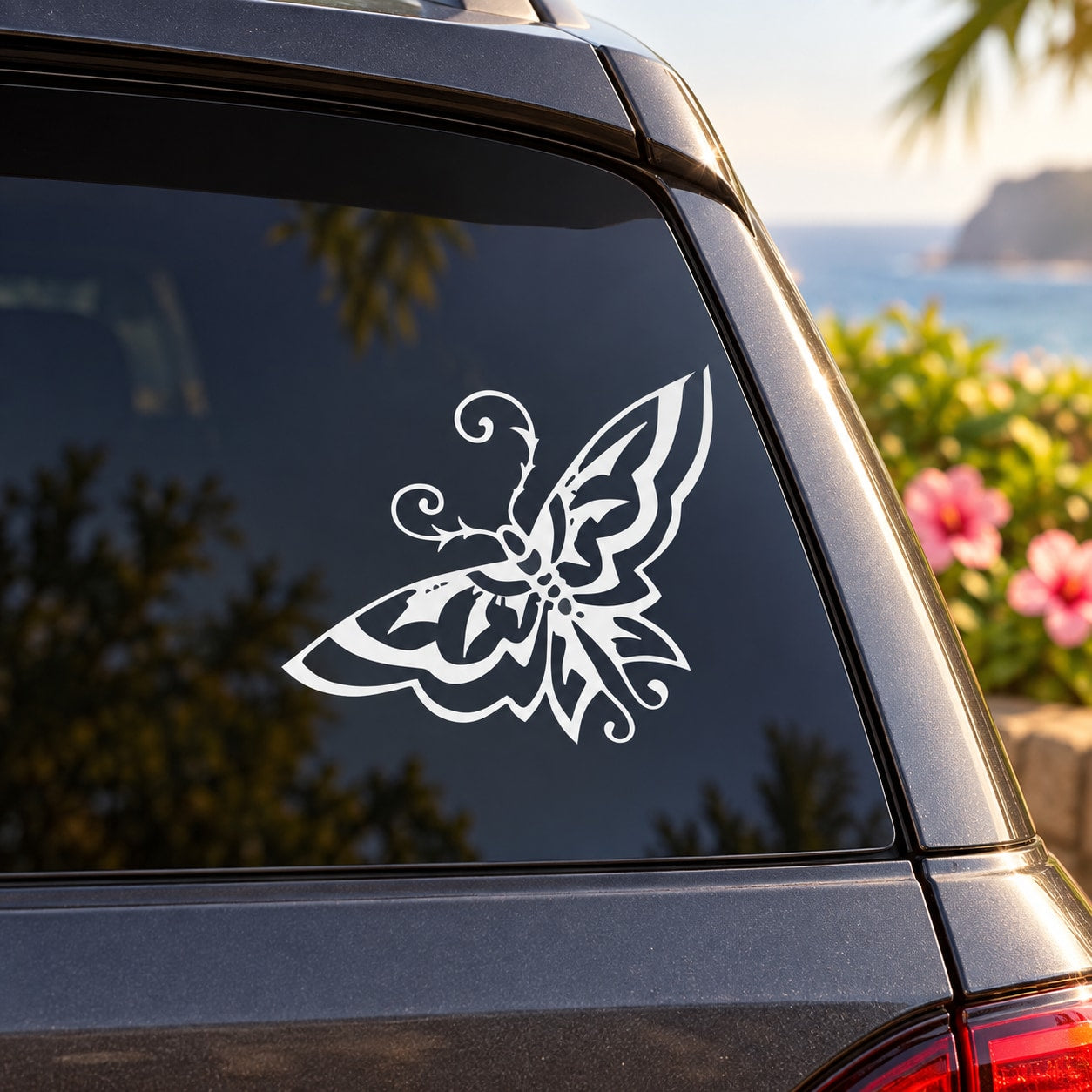 White butterfly vinyl decal on car window glass, vinyl wall/car sticker design