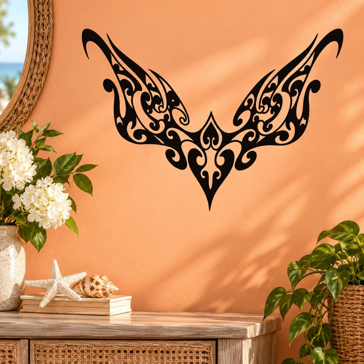 Black ornate butterfly vinyl wall decal with decorative wing filigree