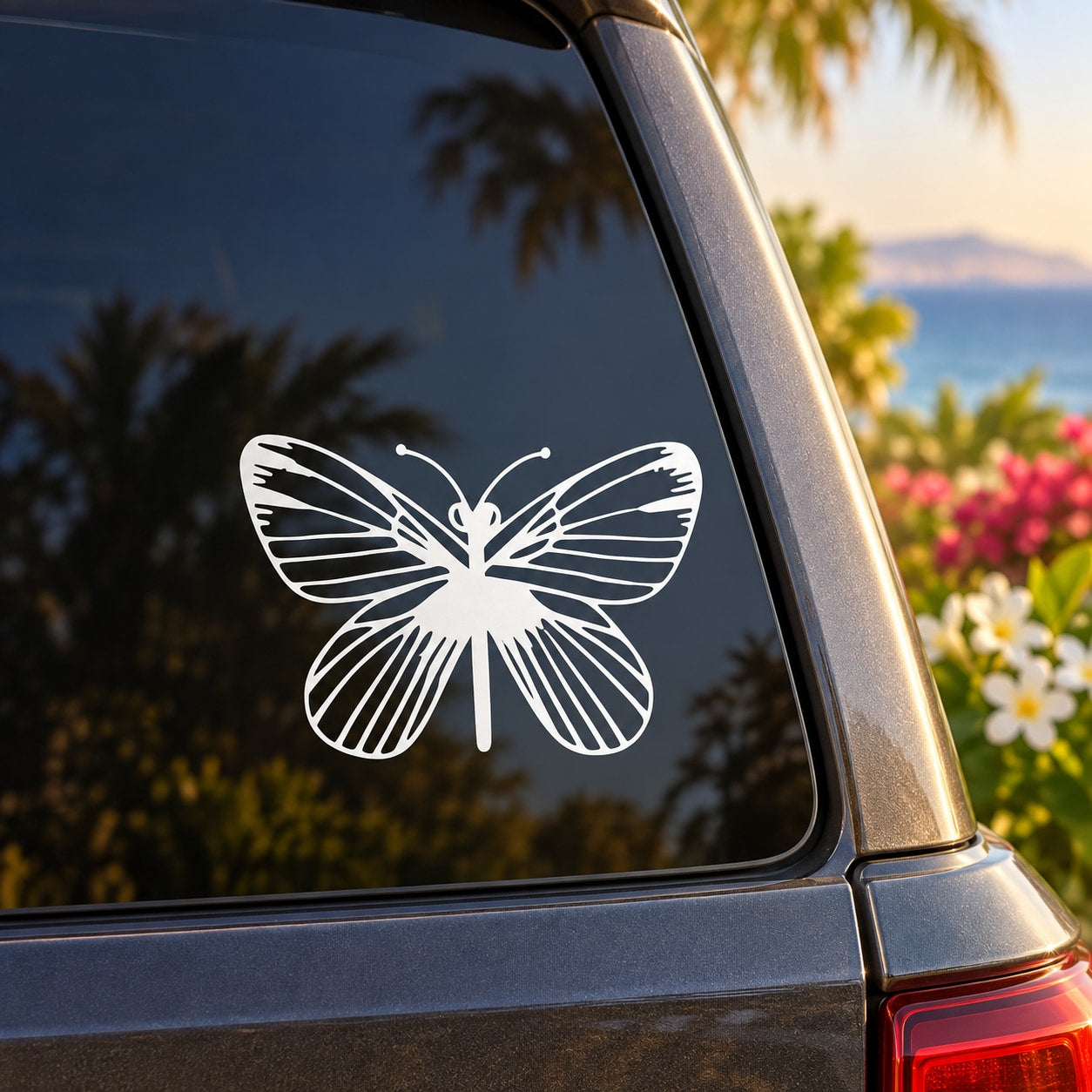 White butterfly vinyl decal with wings and antennae, for car window or wall
