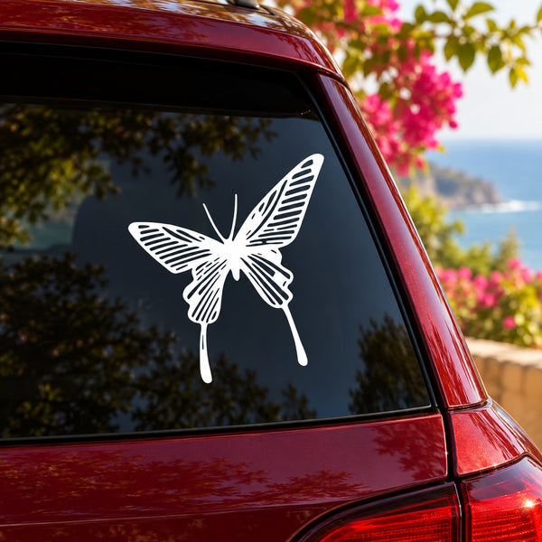 White butterfly vinyl decal for car or wall, with detailed wings and antennae