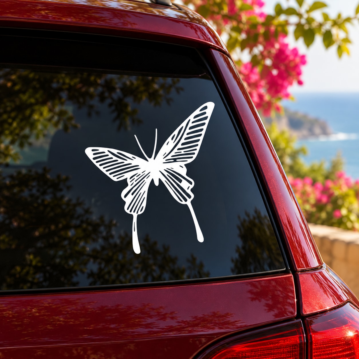 White butterfly vinyl decal for car or wall, with detailed wings and antennae