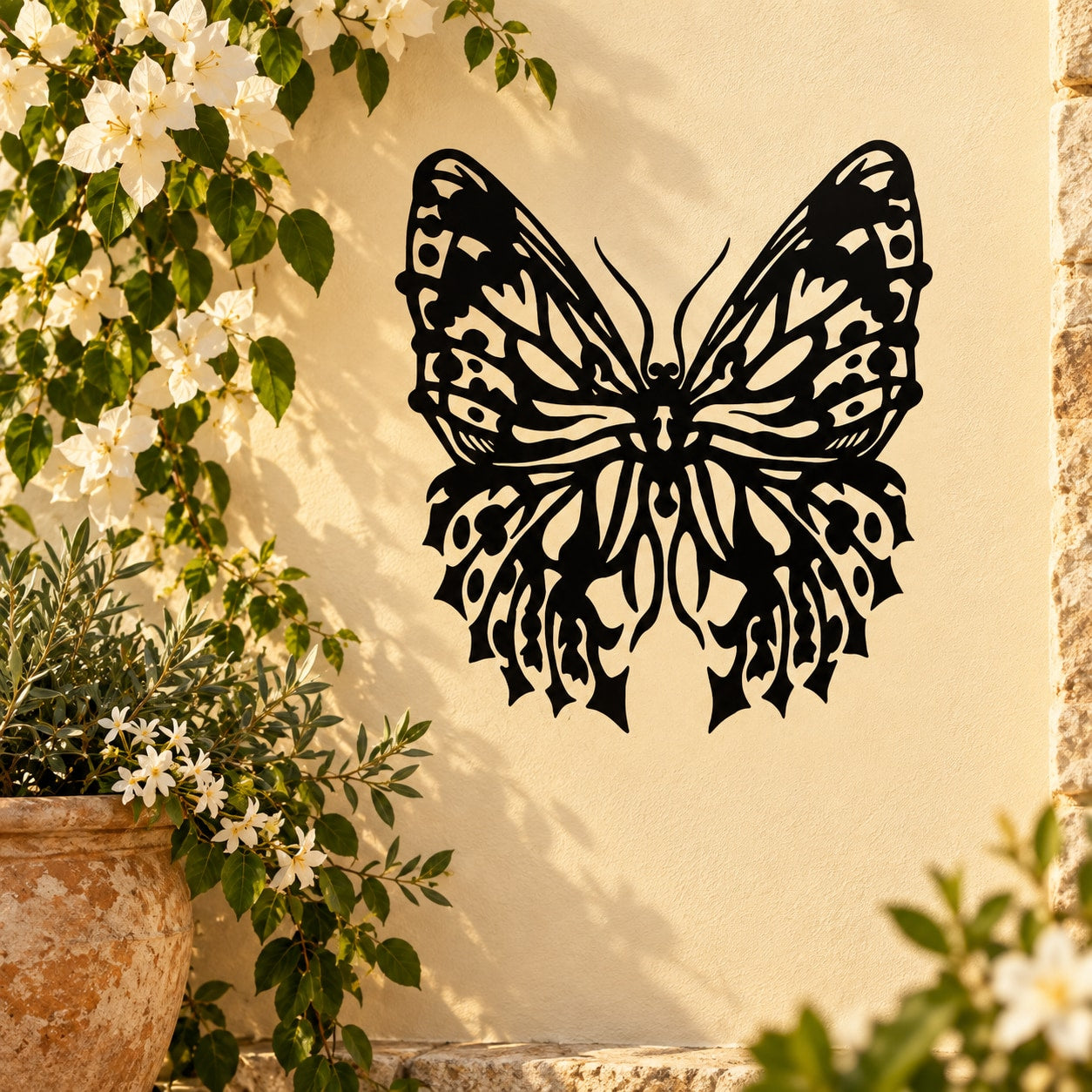 Black vinyl butterfly wall decal with detailed wing pattern