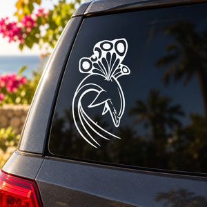 White butterfly vinyl decal with detailed wings and curled tail on dark car window