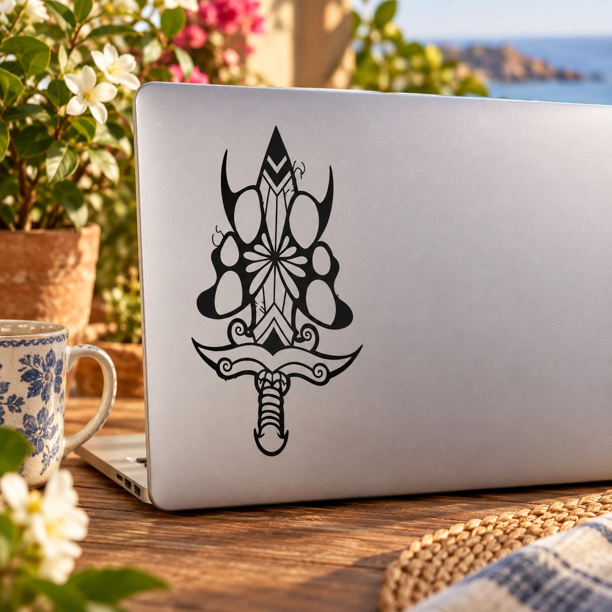 Vinyl butterfly wall decal with ornate black wing-and-floral design on a laptop
