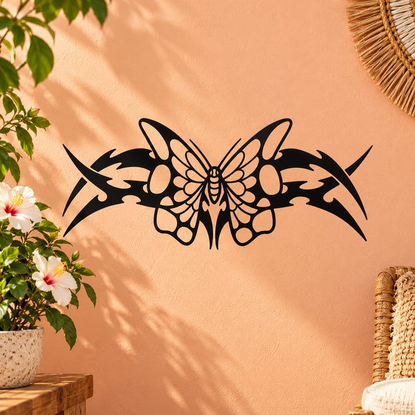 Black butterfly vinyl wall decal with decorative tribal wing design