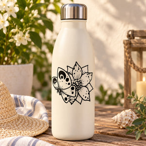 Butterfly vinyl decal: black outline butterfly with dotted accents on a bottle
