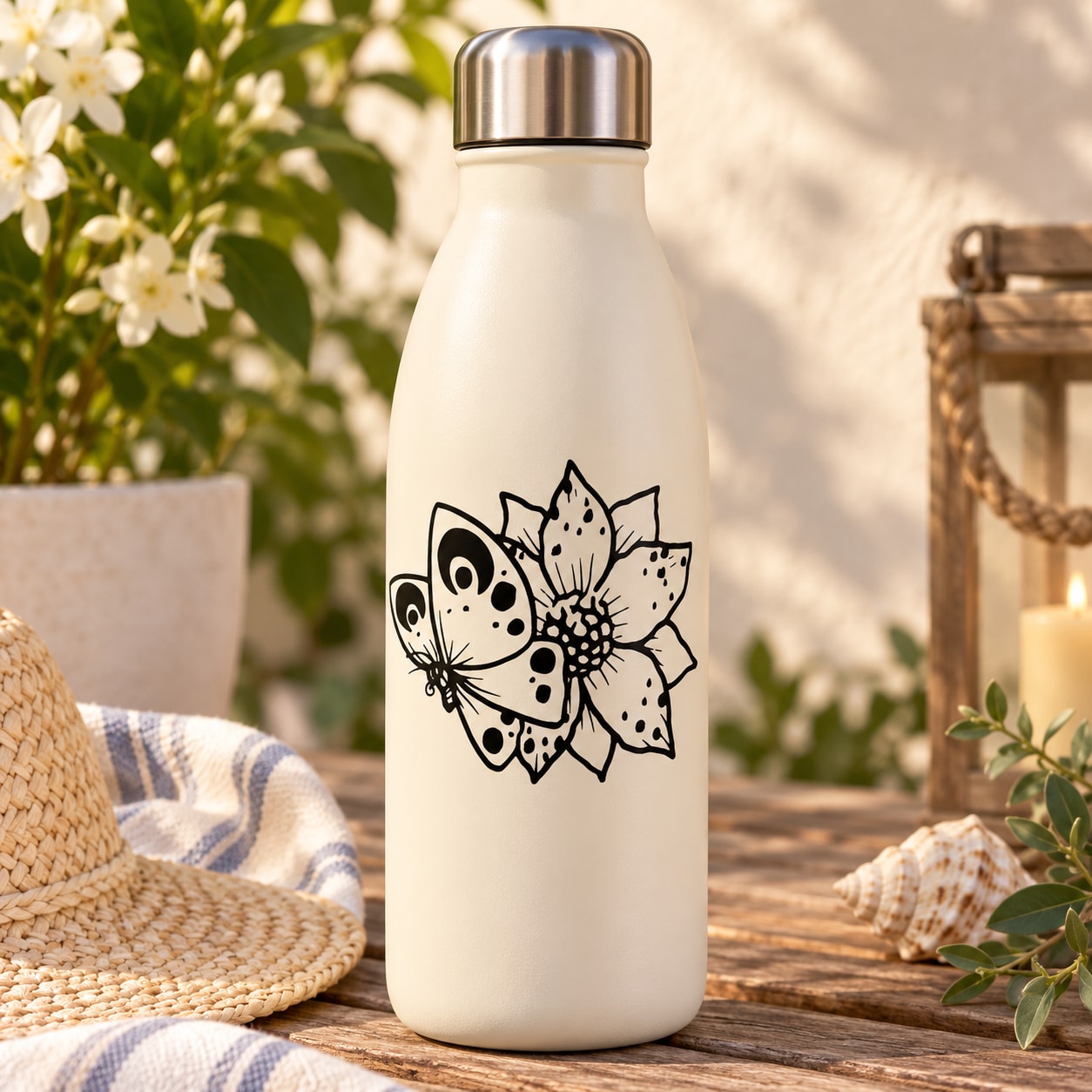 Butterfly vinyl decal: black outline butterfly with dotted accents on a bottle