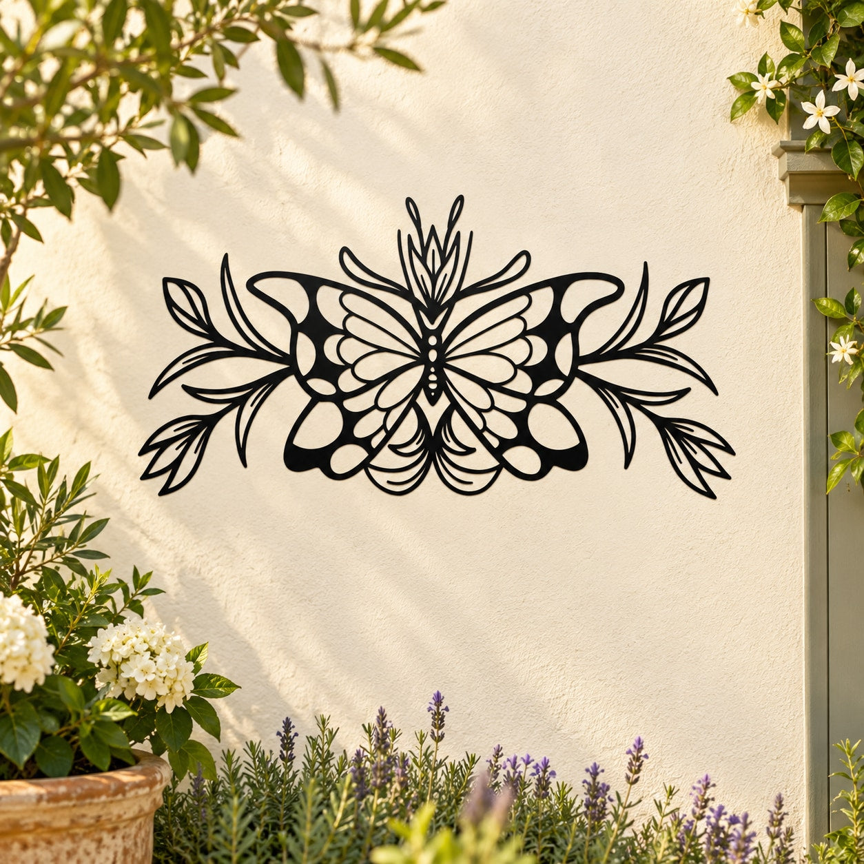 Butterfly wall decal vinyl sticker in black with decorative floral wing design