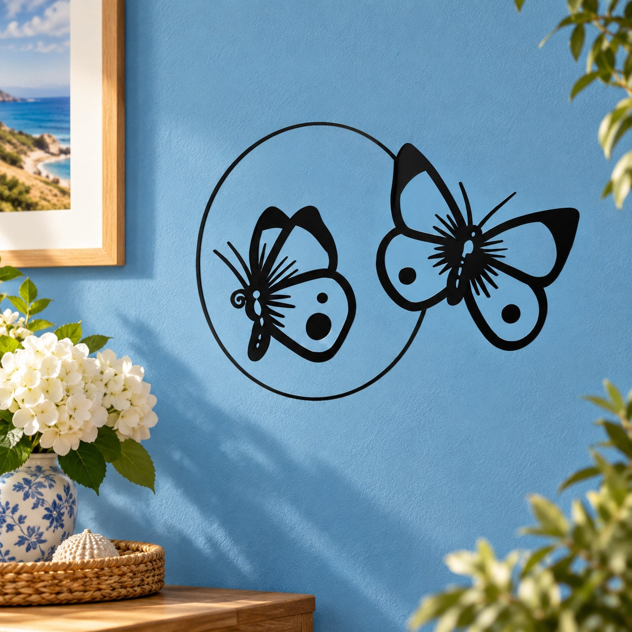 Butterfly vinyl wall decal with two black-and-blue butterflies inside a circle