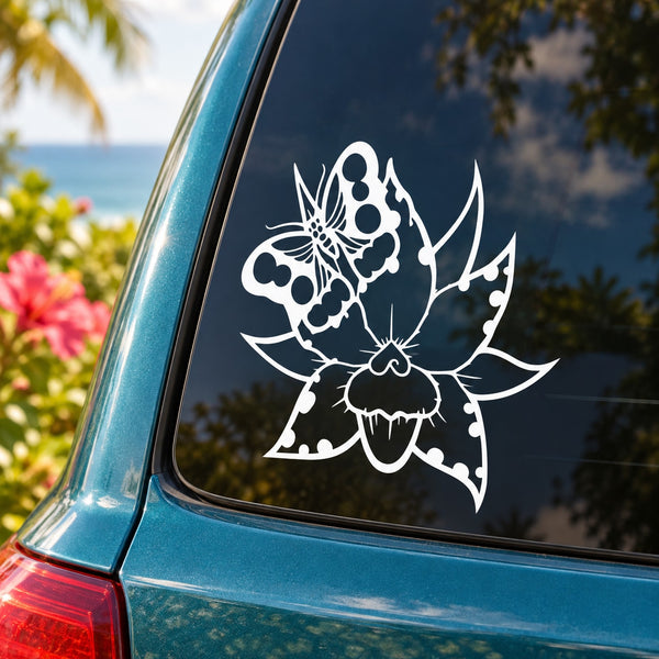White butterfly vinyl decal on car side window with decorative floral wings