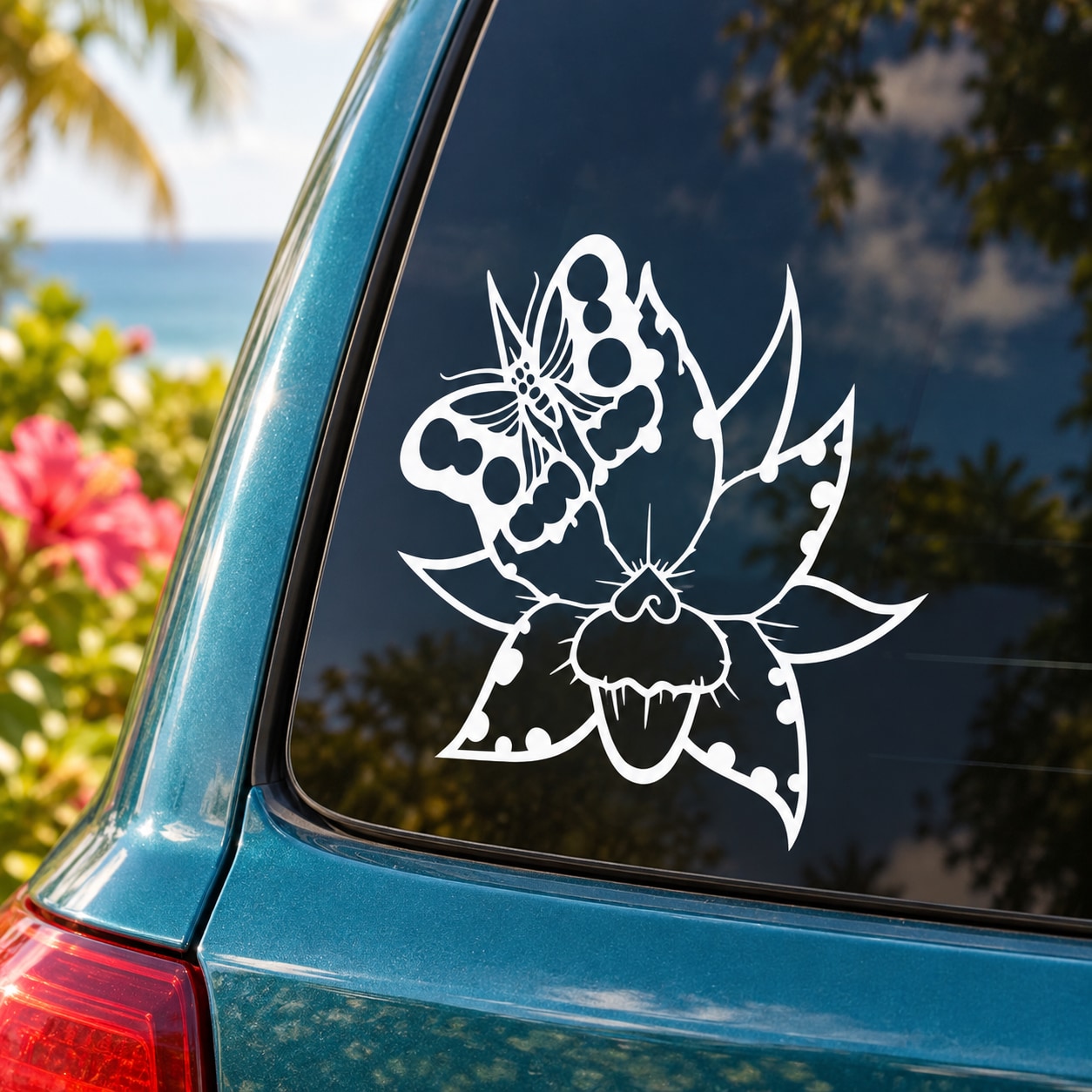White butterfly vinyl decal on car side window with decorative floral wings