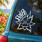 White butterfly vinyl decal on car side window with decorative floral wings