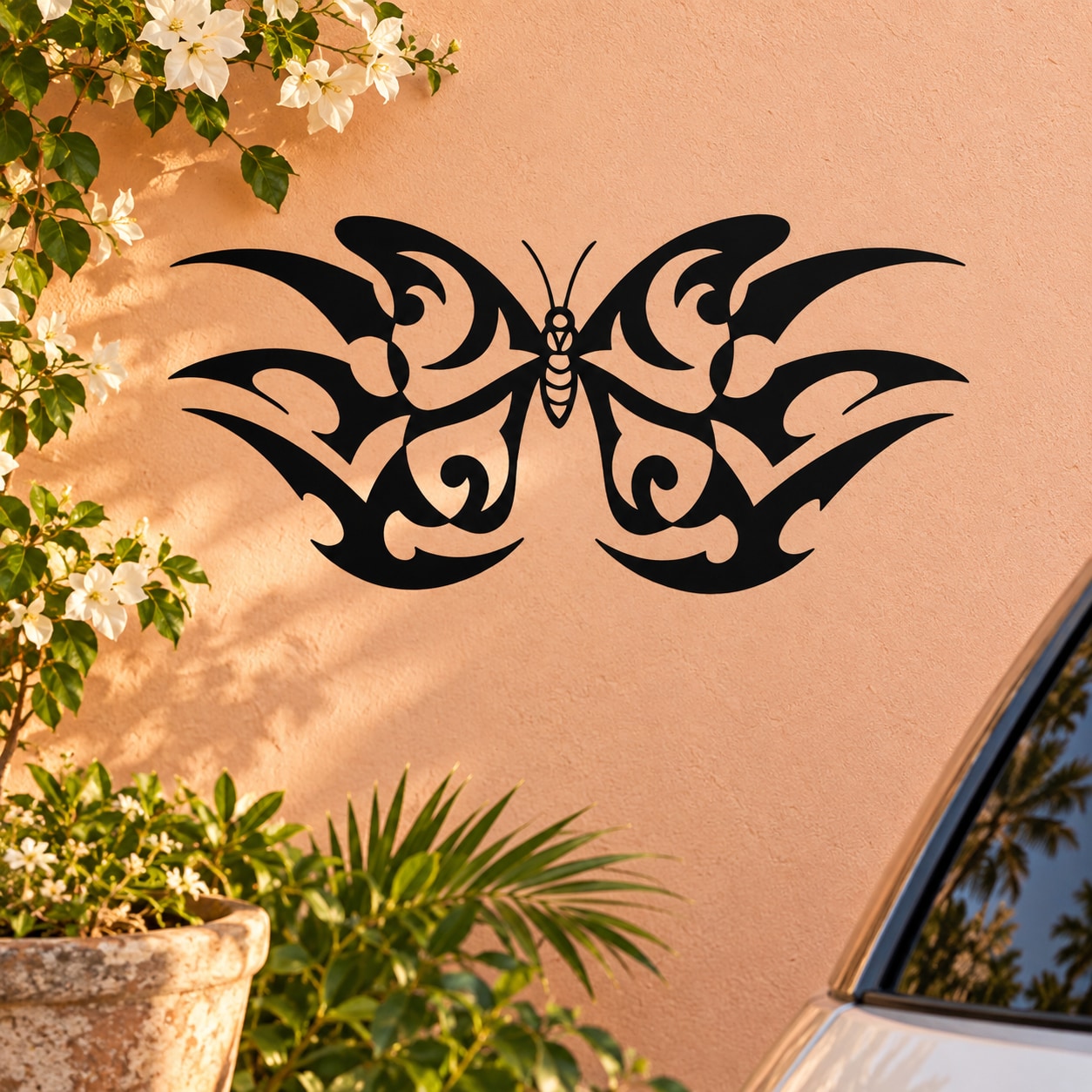 Black butterfly wall vinyl decal with decorative wing scrollwork, centered on a surface