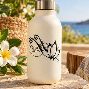 Butterfly vinyl decal with black line-art butterfly on a white bottle