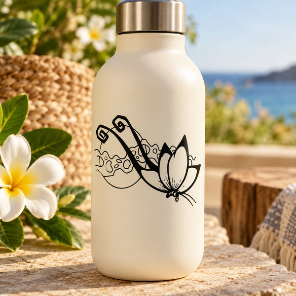 Butterfly vinyl decal with black line-art butterfly on a white bottle