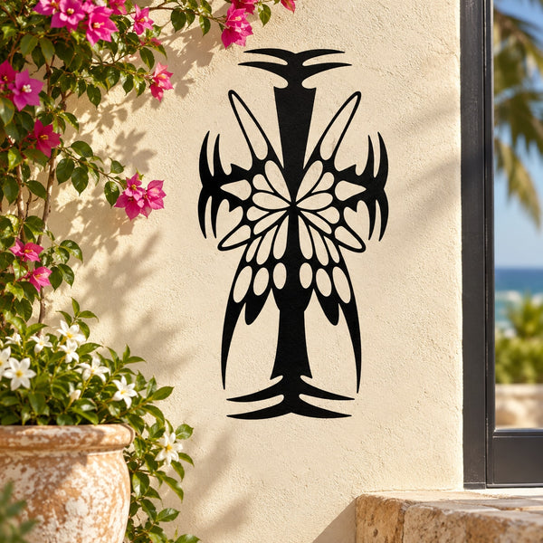 Black butterfly vinyl wall decal with stylized wings and flower-like center