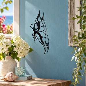 Black butterfly wall decal with detailed line-art wings