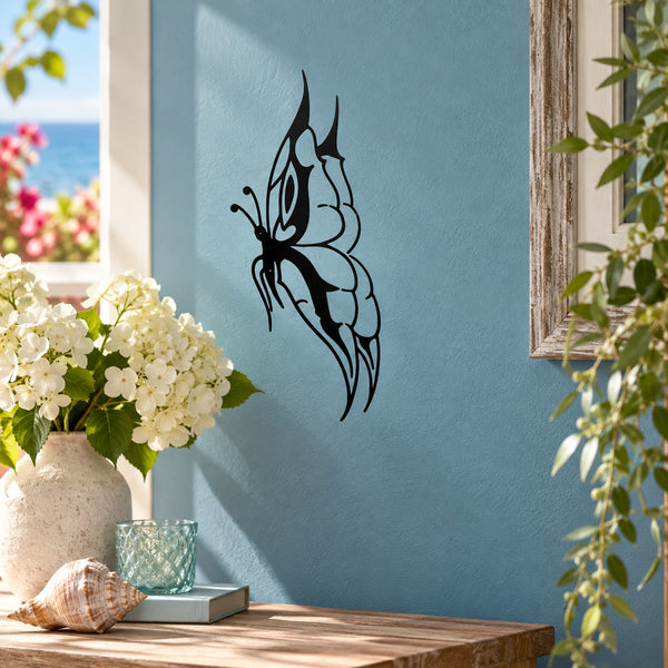 Black butterfly wall decal with detailed line-art wings