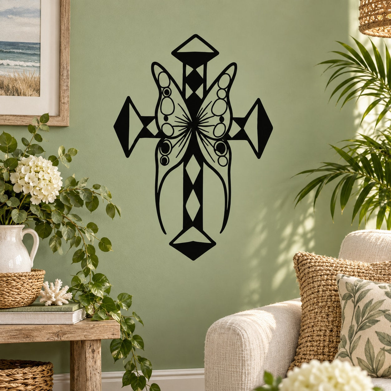 Butterfly wall decal vinyl sticker in black, symmetrical cross-wing design