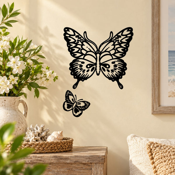 Black butterfly wall vinyl decal set with two butterflies and detailed wings.