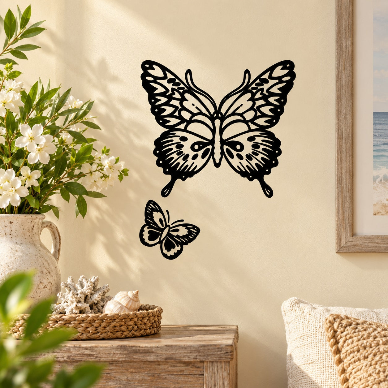 Black butterfly wall vinyl decal set with two butterflies and detailed wings.